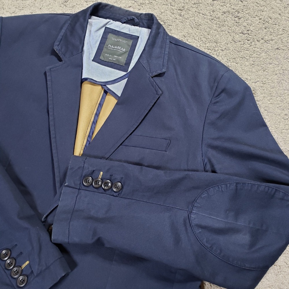 Pull&Bear Men's Blue Unstructured Blazer Jacket Large L EUR 2-Button Sport Coat‎
